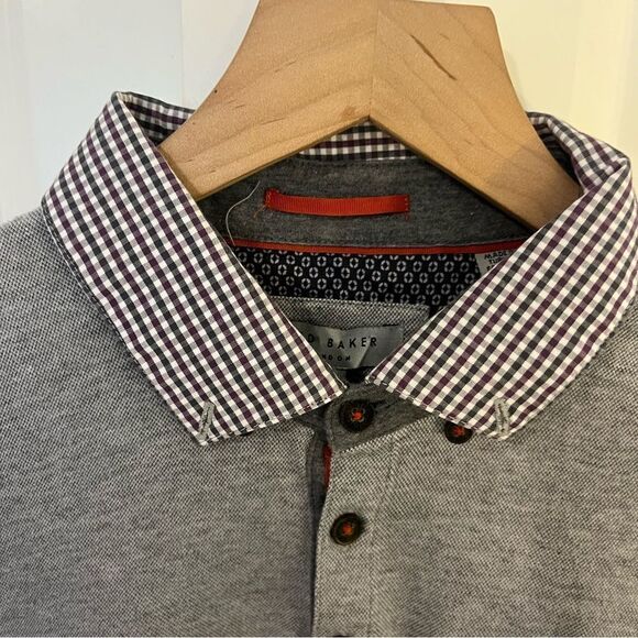 Ted Baker Men’s Grey polo with plaid Collar detail Size 4 or Large - Picture 4 of 13